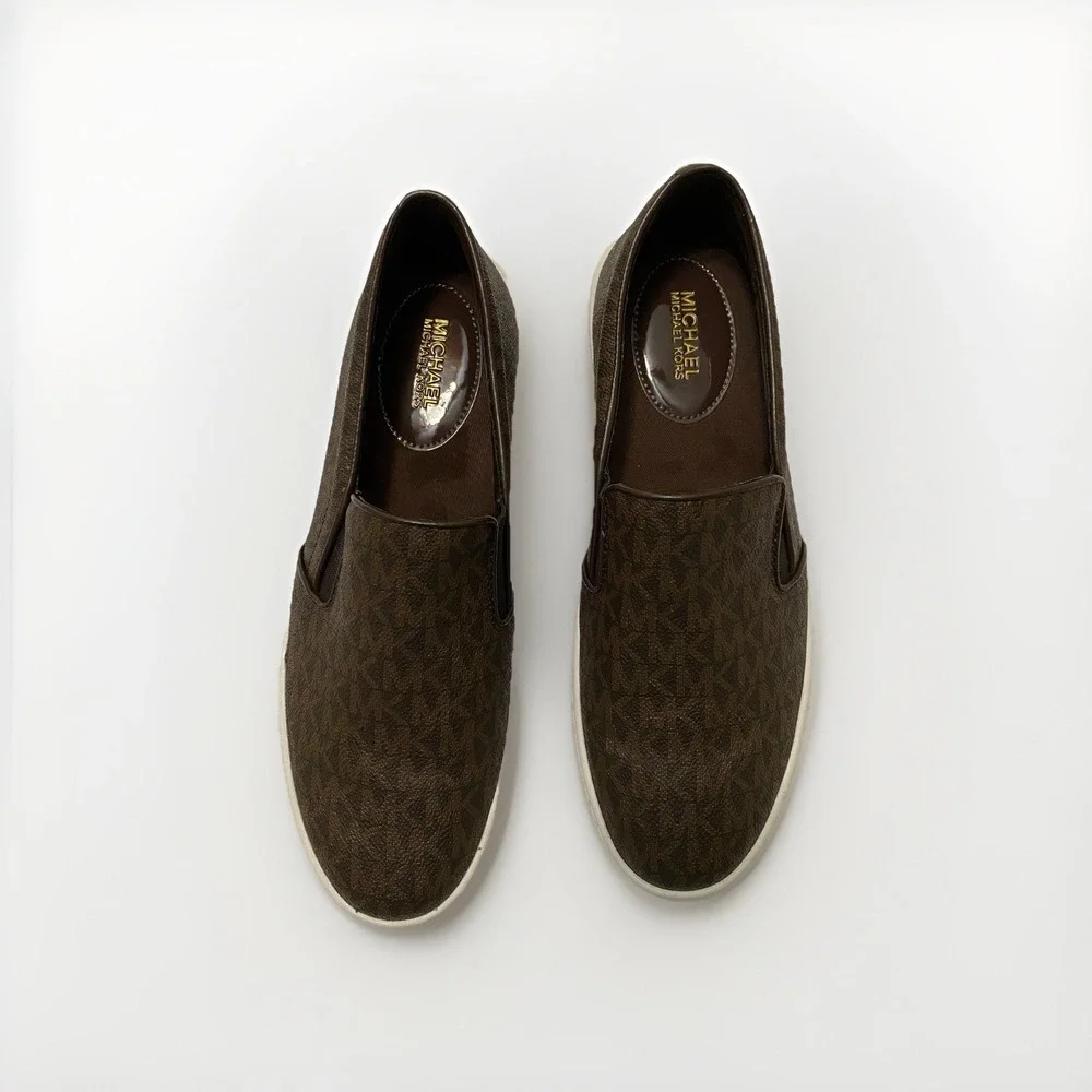 Michael Kors MK Logo Slip On Sneakers Size 8.5 Brown Logo Women's Shoes Low Top